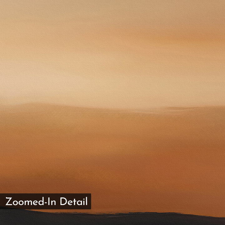 Tranquil Vista Abstract Canvas Art features warm, blended orange and brown shades in a minimalist design. A gentle gradient moves from light to dark with a "Zoomed-In Detail" label—perfect modern wall art for living room decor.