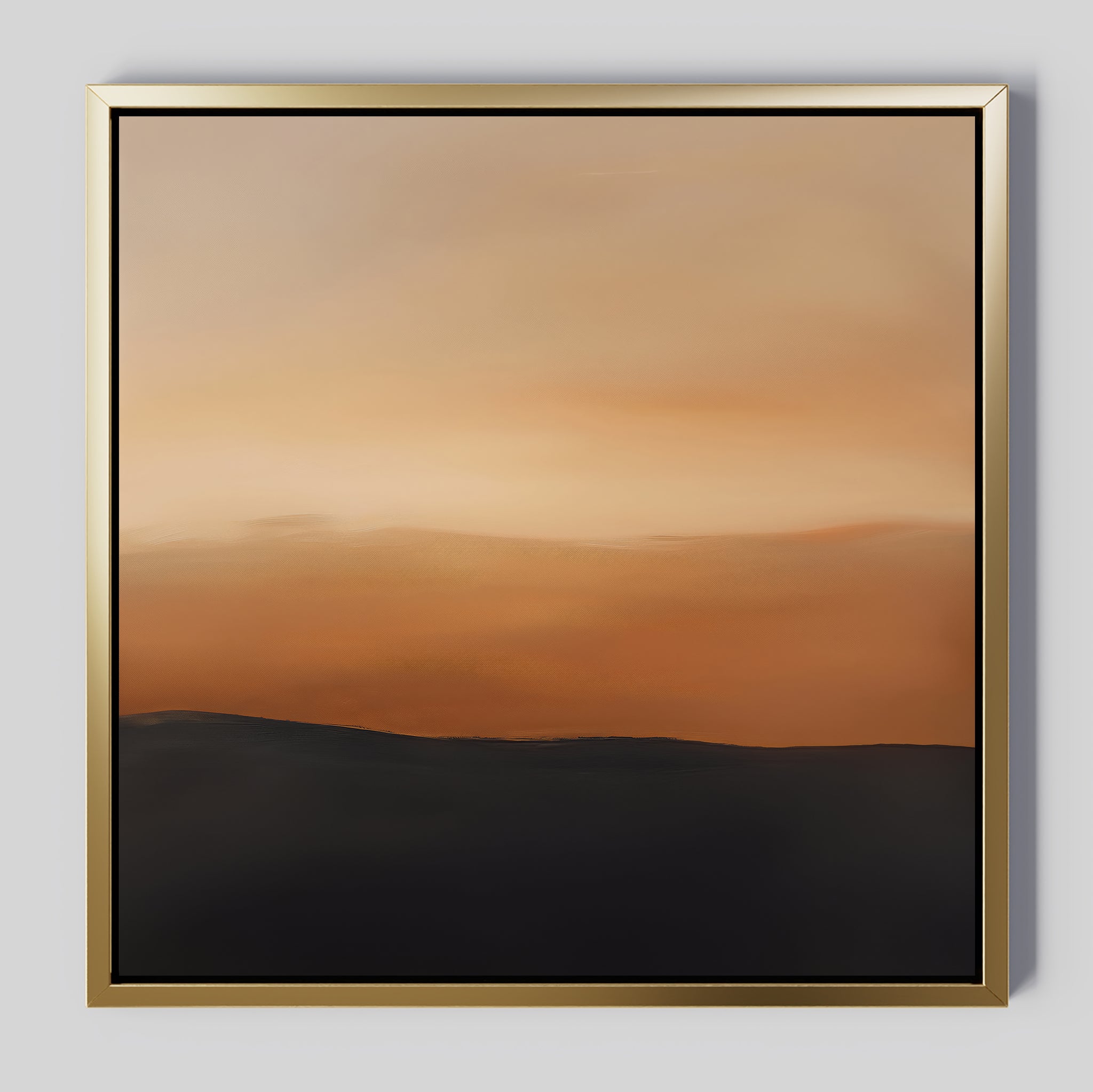Tranquil Vista Abstract Canvas Art features a soft gradient sky in warm orange and beige over a dark silhouette, framed in sleek gold—an elegant, minimalist wall art piece ideal for bedroom or living room decor.