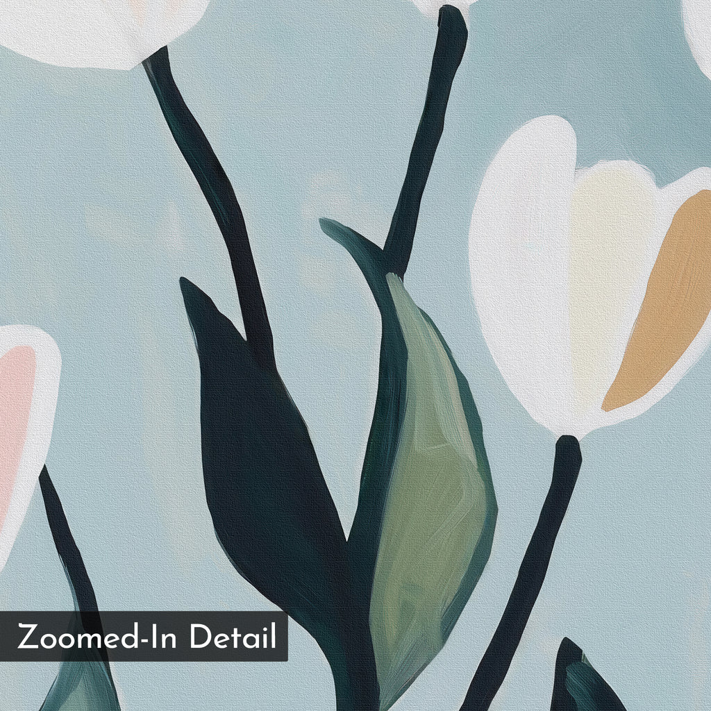 A close-up of the Tulip Harmony Canvas Art showcases abstract white tulips with green leaves and black stems on a light blue background. "Zoomed-In Detail" appears in the lower left, making it ideal minimalist wall art for any living room.