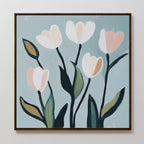 Tulip Harmony Canvas Art features five abstract tulips with white and pale pink petals and dark green leaves on a light blue background—ideal minimalist wall art for bedroom or living room decor.