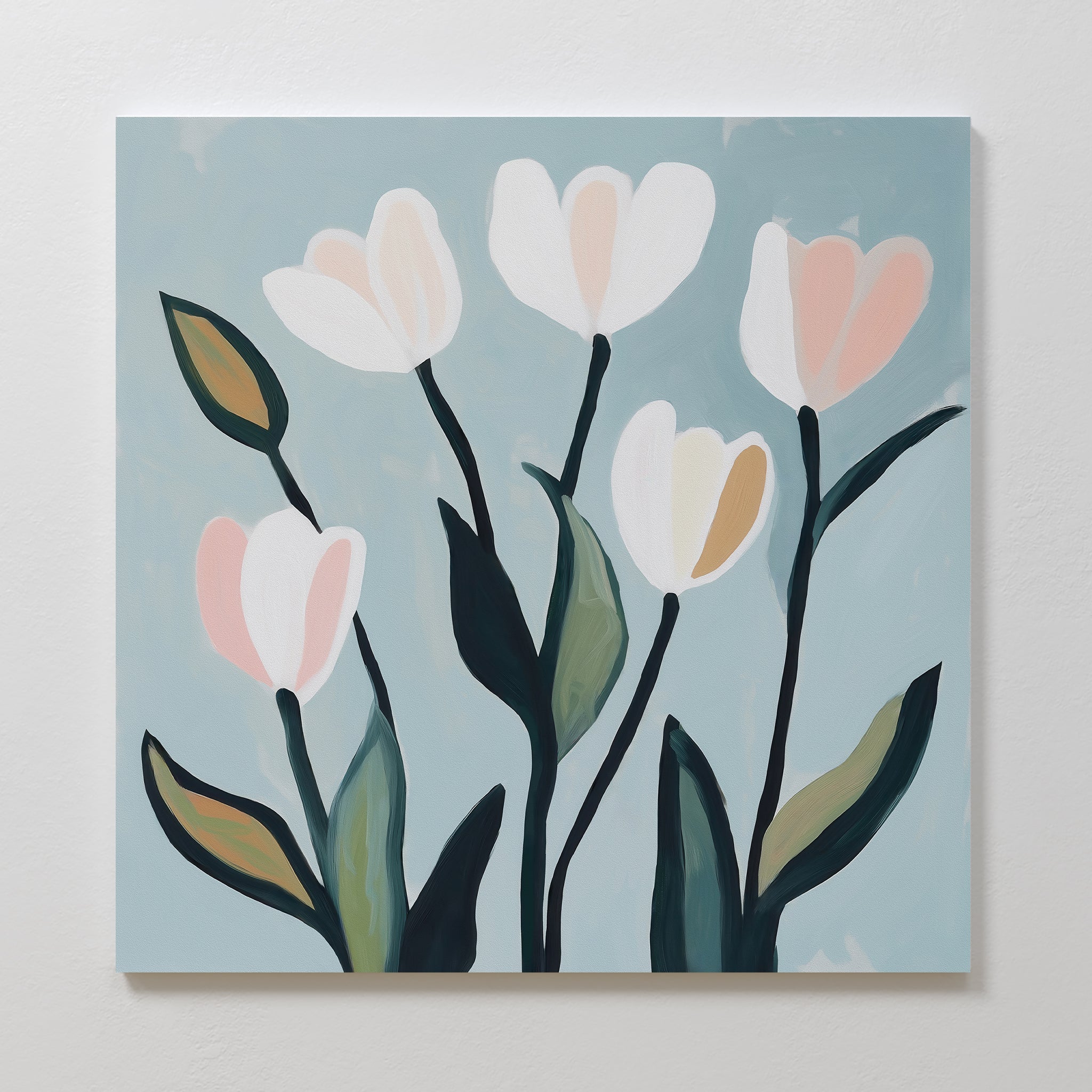 Tulip Harmony Canvas Art features five tulips with pale pink and white petals and dark green stems on a light blue background, offering modern minimalist wall art to enhance your bedroom decor with soft, elegant colors.