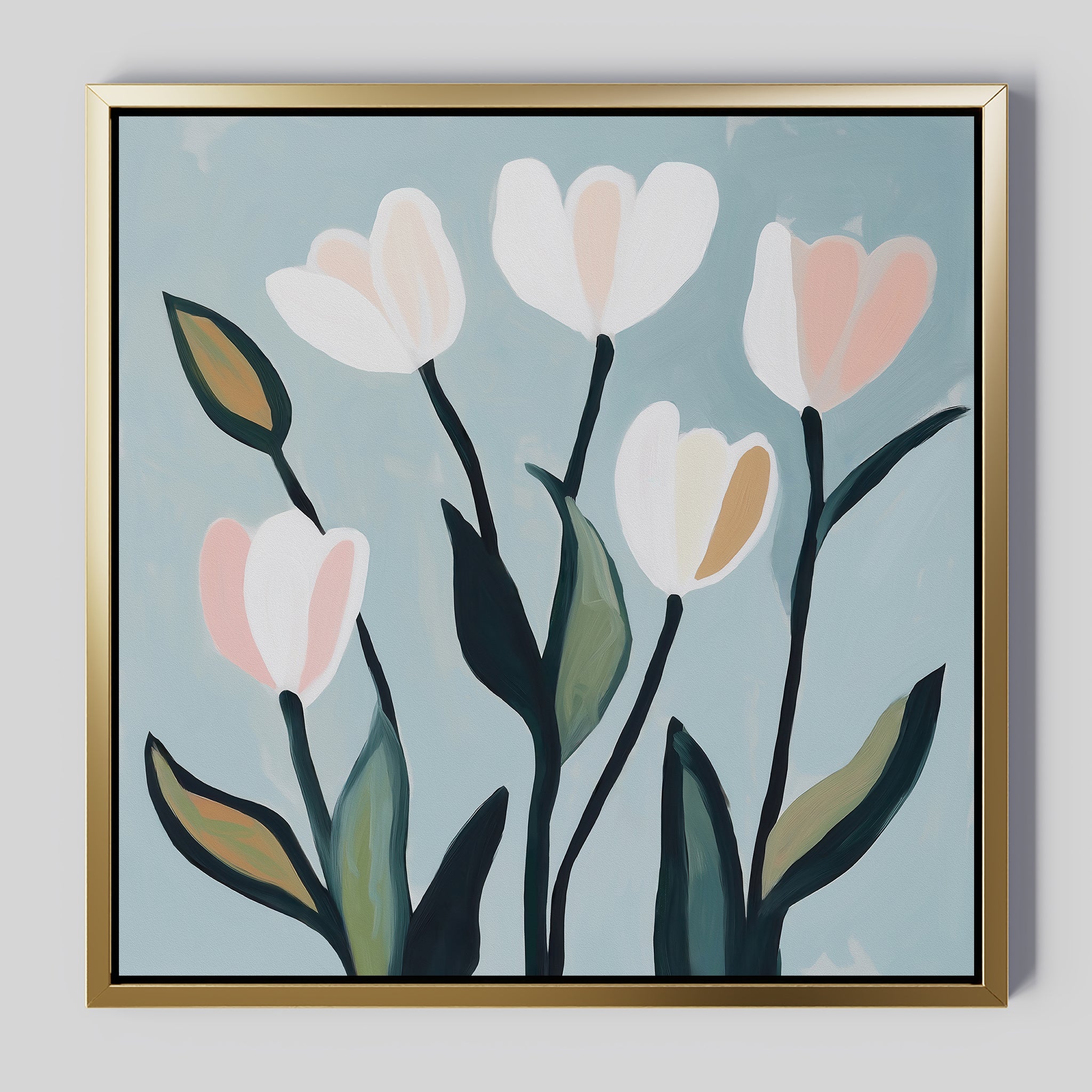 Tulip Harmony Canvas Art: A minimalist, framed painting of five abstract tulips in white and pale pink with green leaves on a light blue background. Features a gold frame with a black inner border—ideal for modern living room decor.