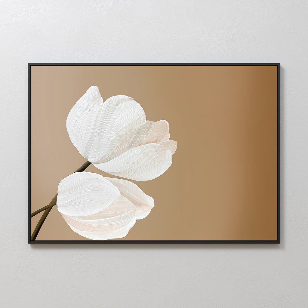 Tulips Abstract Canvas Art features two white tulips with soft textured petals on brown stems, set against a warm brown background and framed in black—a serene, modern wall art print ideal for minimalist décor.