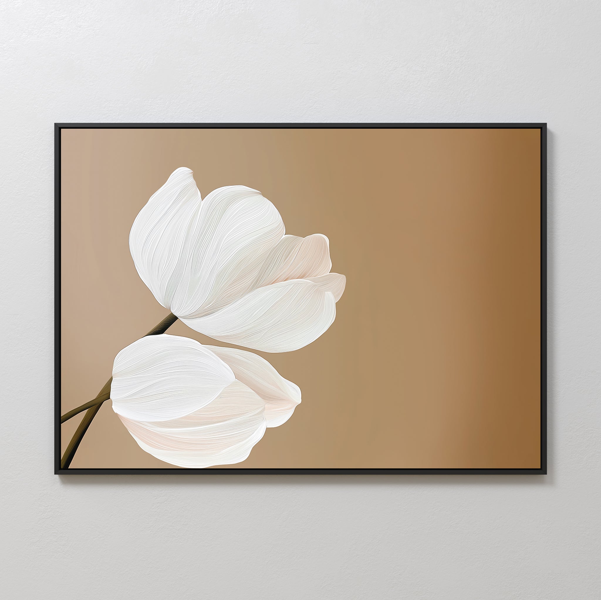 Tulips Abstract Canvas Art features two white tulips with soft textured petals on brown stems, set against a warm brown background and framed in black—a serene, modern wall art print ideal for minimalist décor.