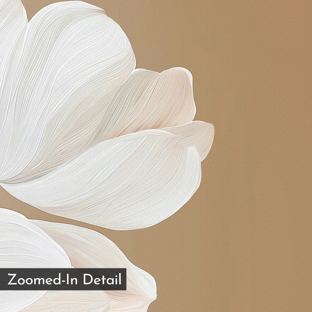 A close-up of soft, white tulip petals with fine textures on a light brown background. A “Zoomed-In Detail” label highlights the minimalist charm of Tulips Abstract Canvas Art—ideal for lovers of subtle, modern wall decor.