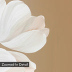 A close-up of soft, white tulip petals with fine textures on a light brown background. A “Zoomed-In Detail” label highlights the minimalist charm of Tulips Abstract Canvas Art—ideal for lovers of subtle, modern wall decor.