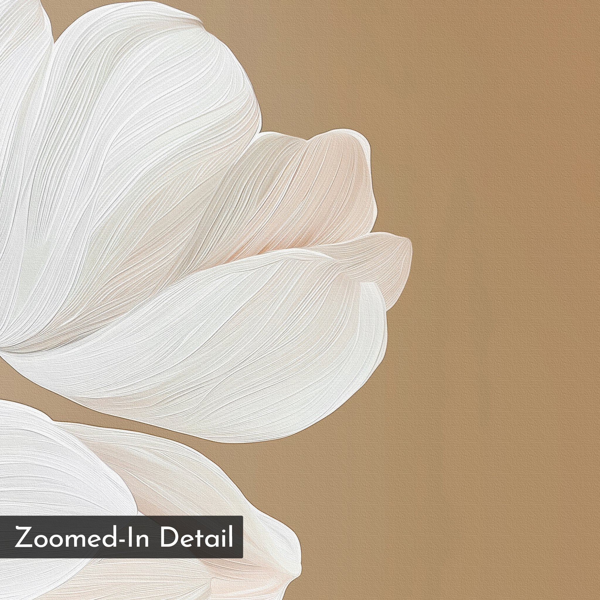 A close-up of soft, white tulip petals with fine textures on a light brown background. A “Zoomed-In Detail” label highlights the minimalist charm of Tulips Abstract Canvas Art—ideal for lovers of subtle, modern wall decor.