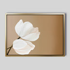 Tulips Abstract Canvas Art showcases two white tulip flowers with textured petals on a brown background, arranged to the left. Set in a gold rectangular frame, this minimalist wall art adds an elegant, modern touch to any space.