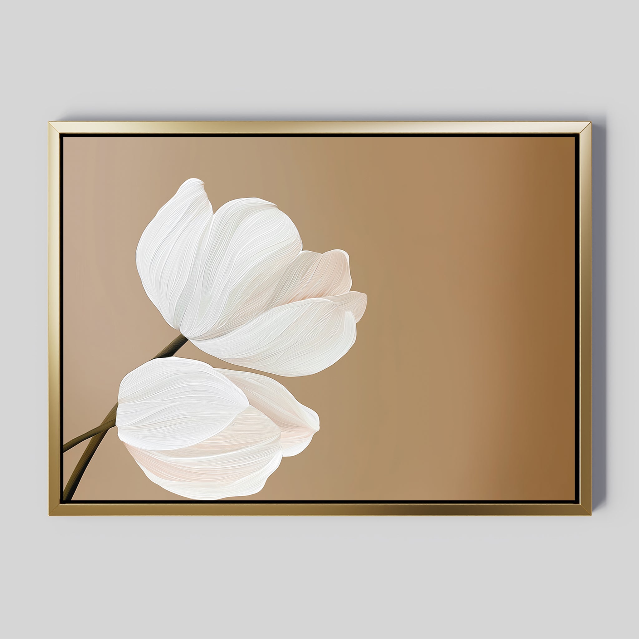 Tulips Abstract Canvas Art showcases two white tulip flowers with textured petals on a brown background, arranged to the left. Set in a gold rectangular frame, this minimalist wall art adds an elegant, modern touch to any space.