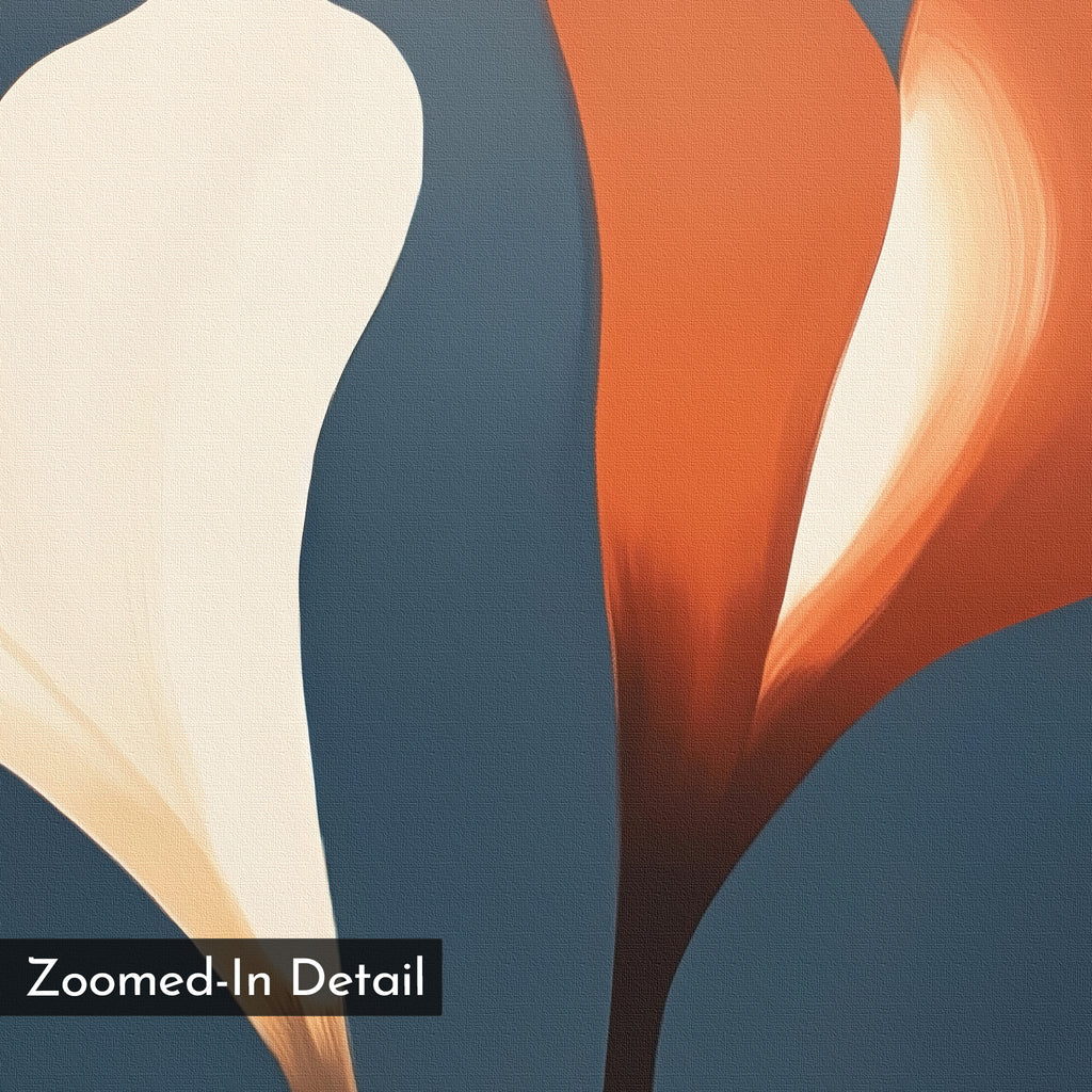 Twin Blooms Canvas Art features a close-up of a white and an orange calla lily against a dark blue background with a painted, textured effect. “Zoomed-In Detail” appears in the lower left. Perfect wall art for Nordic Park style interiors.