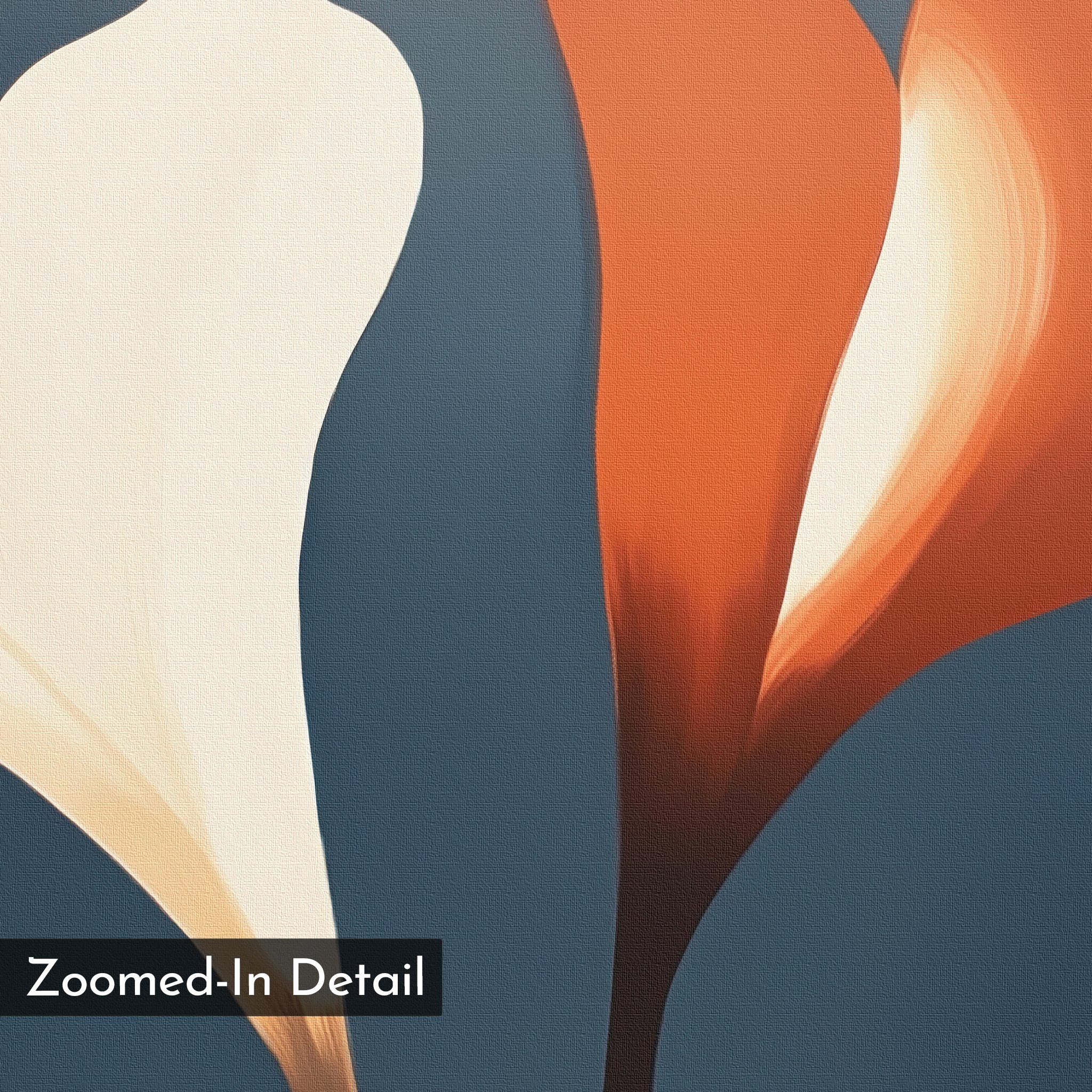 Twin Blooms Canvas Art features a close-up of a white and an orange calla lily against a dark blue background with a painted, textured effect. “Zoomed-In Detail” appears in the lower left. Perfect wall art for Nordic Park style interiors.