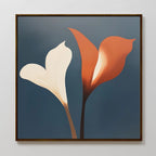 Twin Blooms Canvas Art is a minimalist botanical print showcasing cream and orange calla lilies with dark stems on a blue-gray background, elegantly framed in slim dark wood—perfect wall art for any space.
