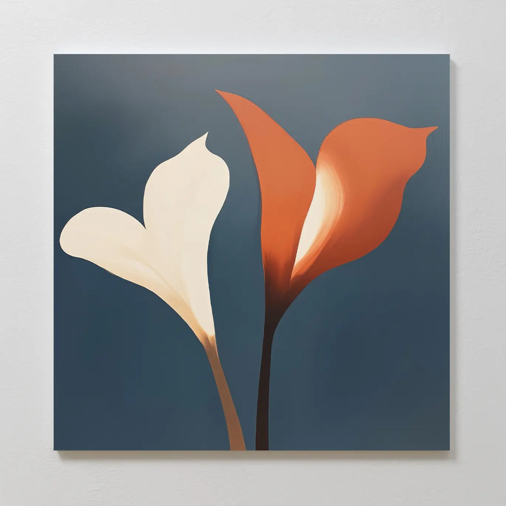 Twin Blooms Canvas Art: Modern Nordic Park-inspired wall decor featuring two calla lilies—one white, one orange—on a blue background, with slender stems and elegant petals for a minimalist botanical touch.