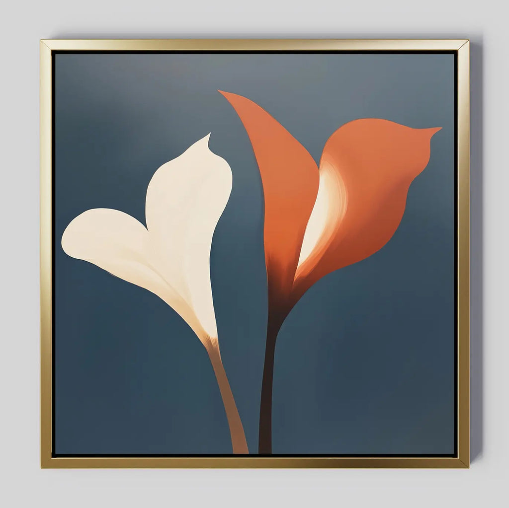 Twin Blooms Canvas Art: Framed minimalist wall art featuring white and orange abstract calla lilies on a muted blue-gray background. Smooth shapes and soft gradients make it perfect for adding a Nordic Park vibe to your space.