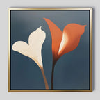 Twin Blooms Canvas Art: Framed minimalist wall art featuring white and orange abstract calla lilies on a muted blue-gray background. Smooth shapes and soft gradients make it perfect for adding a Nordic Park vibe to your space.