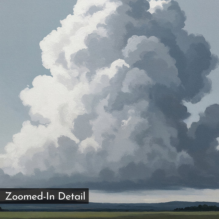 Uplifted Sky Canvas Art features a large, fluffy cumulus cloud over grassy plains with distant trees. Its painted, zoomed-in style creates striking minimalist wall art, ideal for modern bedrooms. "Zoomed-In Detail" appears below.