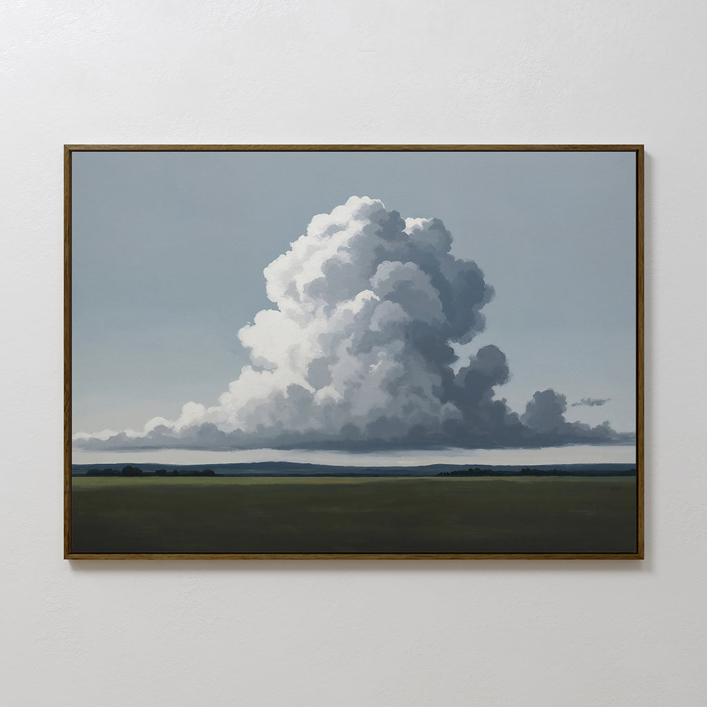 The Uplifted Sky Canvas Art features a minimalist white cloud over a green landscape and blue sky, perfect for modern bedrooms and ideal for adding tranquility to any plain white wall.