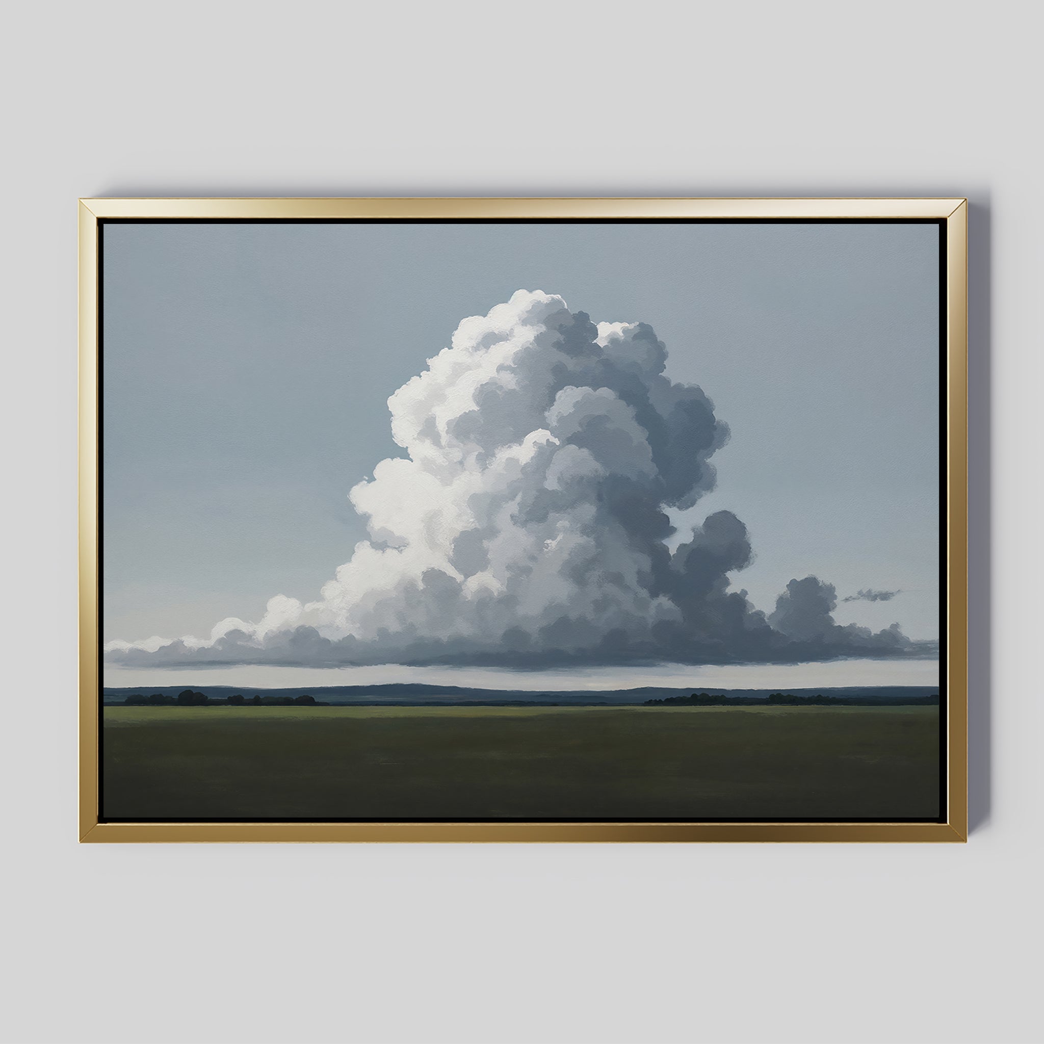 The Uplifted Sky Canvas Art features a large white cloud over a green landscape with a distant treeline and pale blue sky. This minimalist wall art comes framed in gold with a thin black inner border, perfect for modern bedrooms.