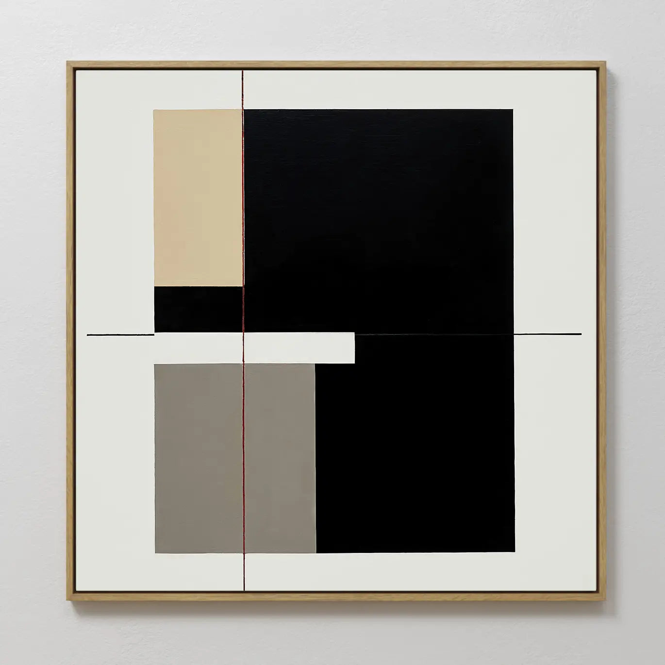 The Urban Balance Canvas Art showcases intersecting black lines and abstract shapes in black, beige, and gray on white, with rectangles and squares accented by an off-center thin red vertical line for a minimalist touch.