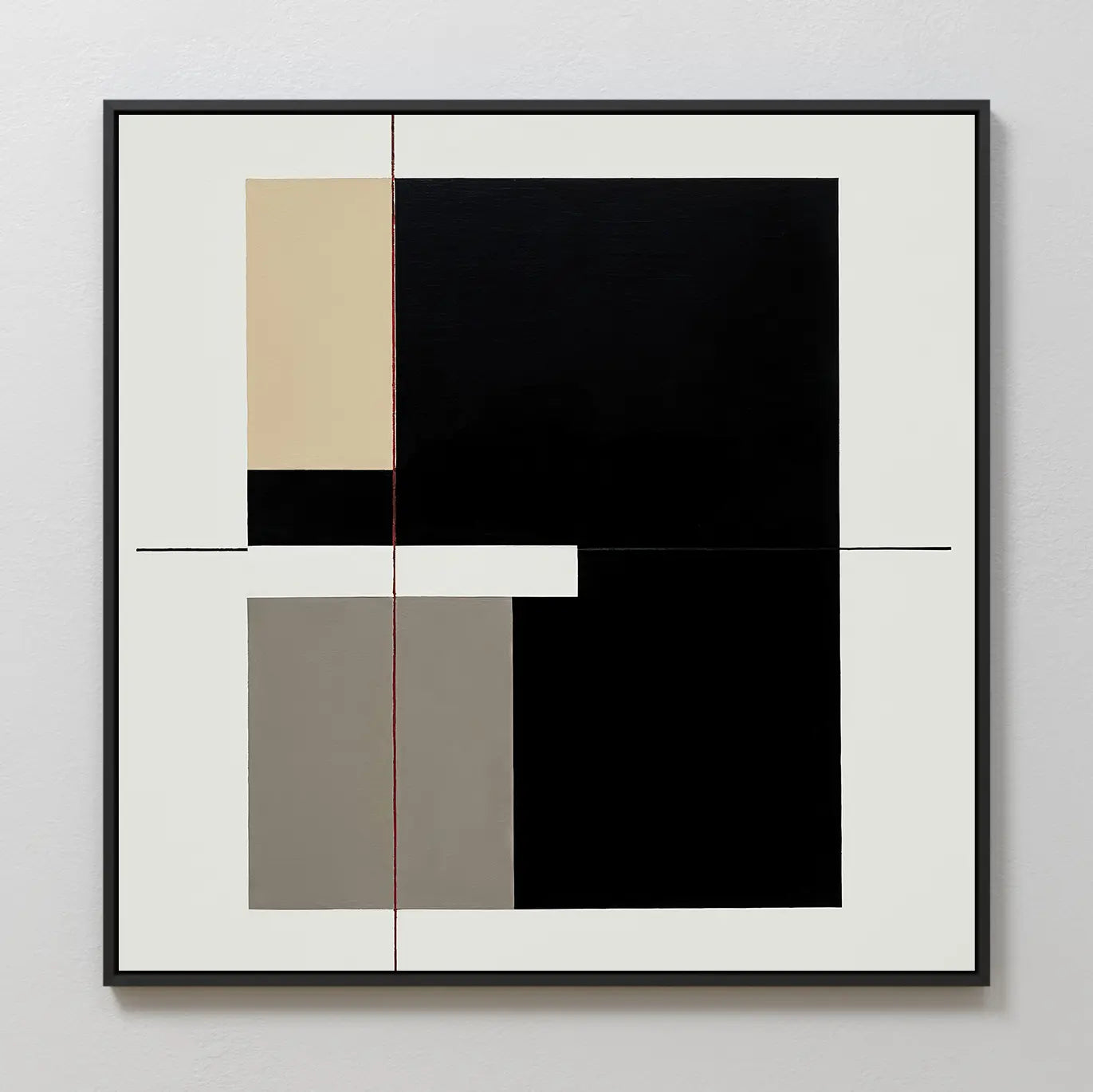 Urban Balance Canvas Art features black, beige, and gray rectangles on a white background with thin intersecting lines, all framed in black.