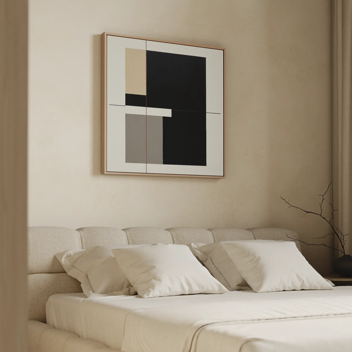 A minimalist bedroom with a beige upholstered bed, four white pillows, the Urban Balance Canvas Art as modern abstract wall decor above the bed, and a small branch in a vase on the bedside table.