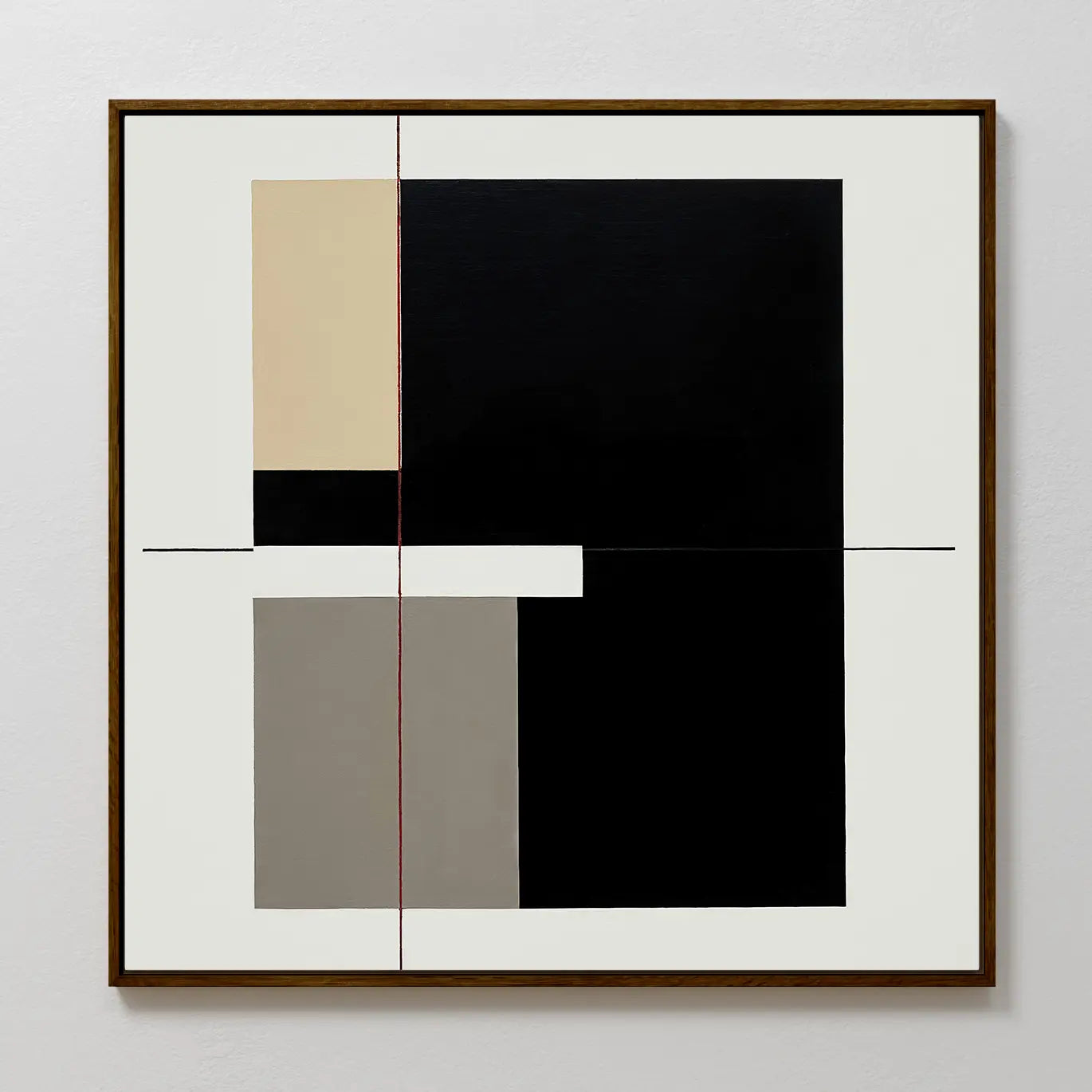 Urban Balance Canvas Art features minimalist geometric shapes in black, beige, gray, and white with thin intersecting lines, framed in a simple brown frame and displayed against a white wall.