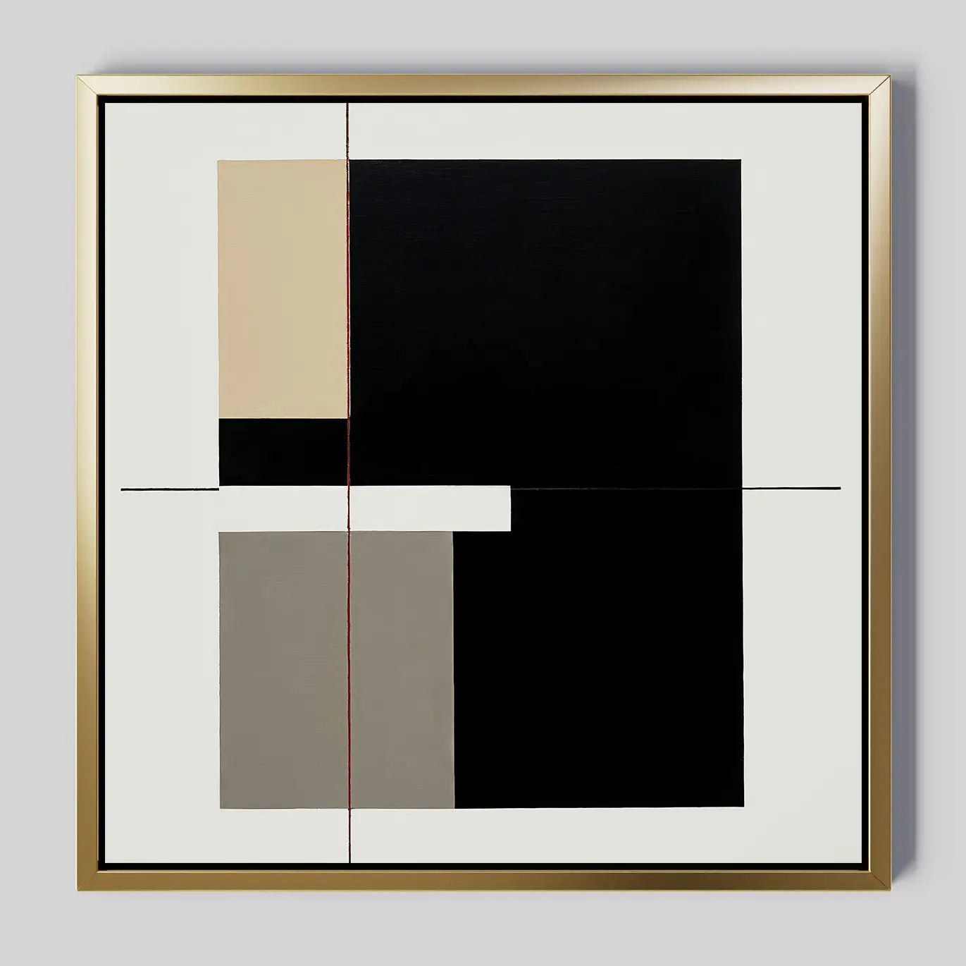 Urban Balance Canvas Art is a framed geometric wall piece with rectangles in black, beige, gray, and white, separated by thin black and red lines on a white background for an abstract, minimalist look.