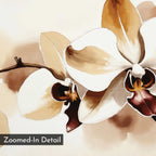 The Vanilla Bloom Canvas Art features a watercolor-style close-up of two white and brown orchids with intricate petals. Set against a softly blurred neutral background, it’s perfect floral wall décor, with “Zoomed-In Detail” labeled at the bottom left.