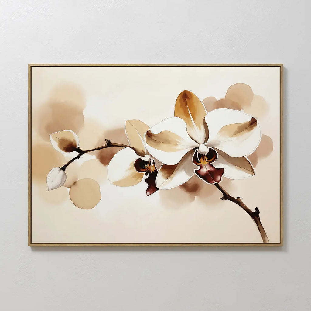 The Vanilla Bloom Canvas Art, featuring a white orchid print in watercolor with brown and beige accents on a light background, adds an elegant touch to any space when displayed on a white wall.