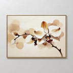 The Vanilla Bloom Canvas Art, featuring a white orchid print in watercolor with brown and beige accents on a light background, adds an elegant touch to any space when displayed on a white wall.