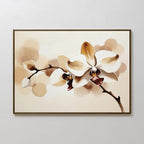 The Vanilla Bloom Canvas Art features a minimalist watercolor of delicate white orchids with brown and cream accents on a light beige background, making it an elegant choice for floral wall art or stylish wall decor.
