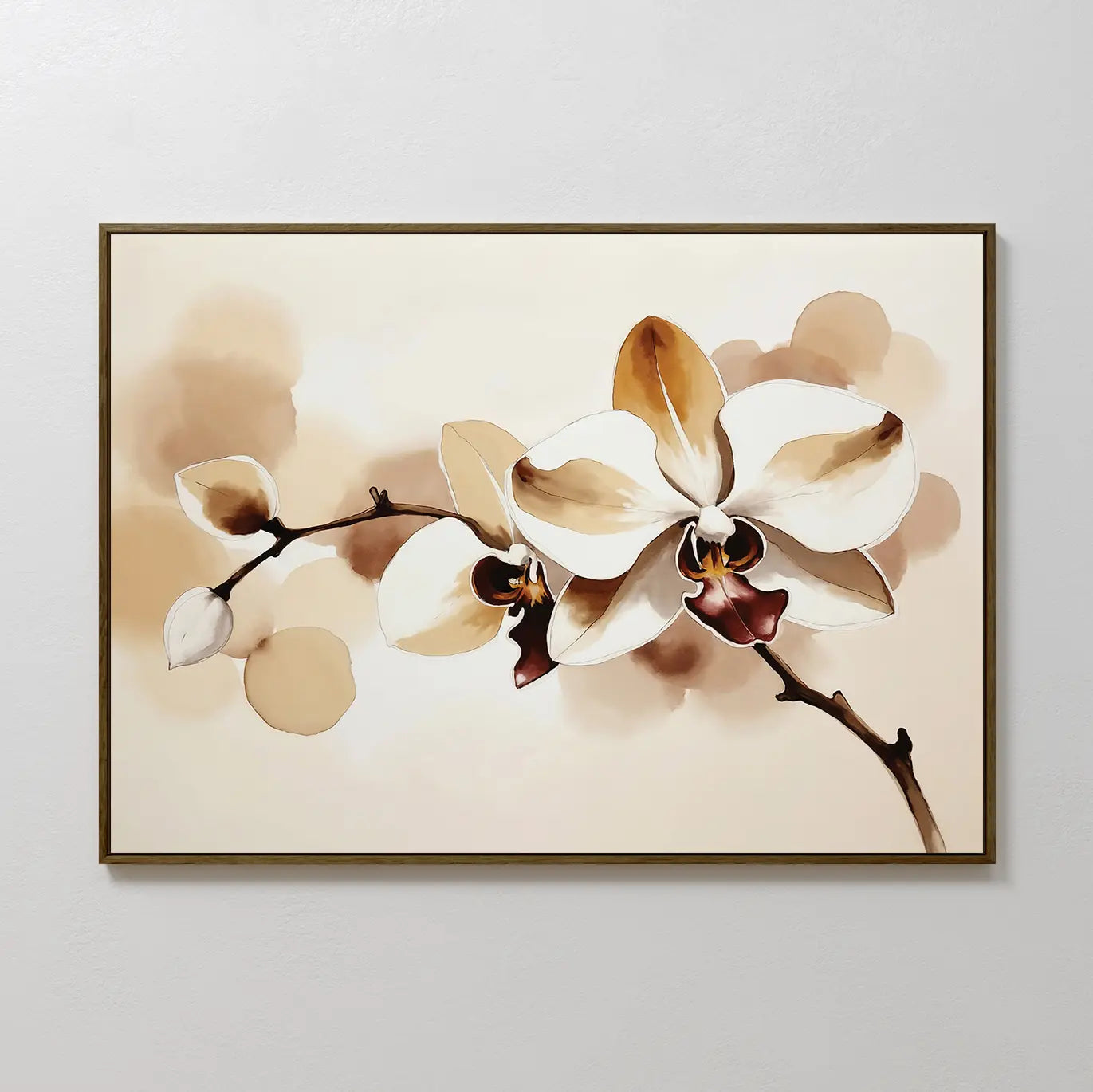 The Vanilla Bloom Canvas Art features a minimalist watercolor of delicate white orchids with brown and cream accents on a light beige background, making it an elegant choice for floral wall art or stylish wall decor.