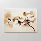 Vanilla Bloom Canvas Art showcases a branch with two large white and brown orchids and several buds on a soft beige background. This minimalist floral wall art offers elegant decor with delicate shading for any space.