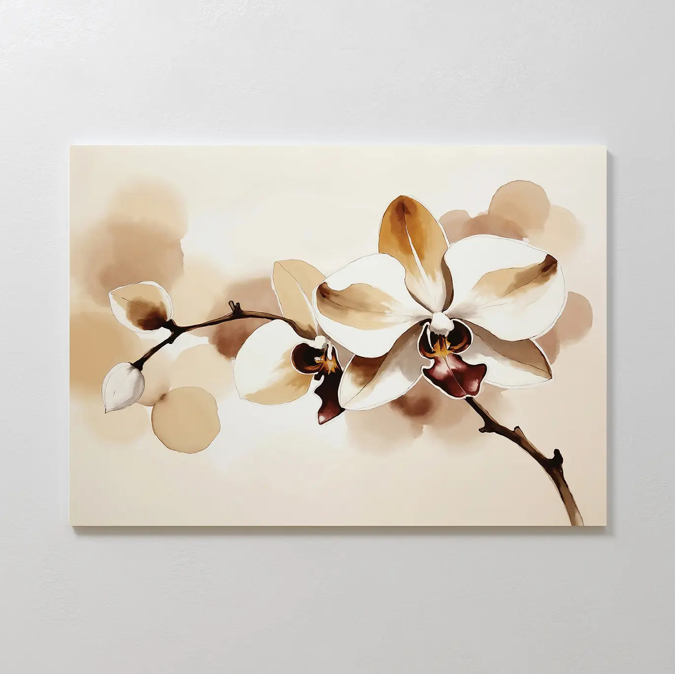 Vanilla Bloom Canvas Art showcases a branch with two large white and brown orchids and several buds on a soft beige background. This minimalist floral wall art offers elegant decor with delicate shading for any space.
