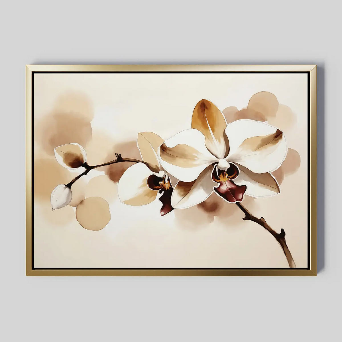 Vanilla Bloom Canvas Art showcases white and brown orchids with dark stems on a beige background and soft, blurred edges—an elegant wall decor piece that brings delicate beauty to any space.