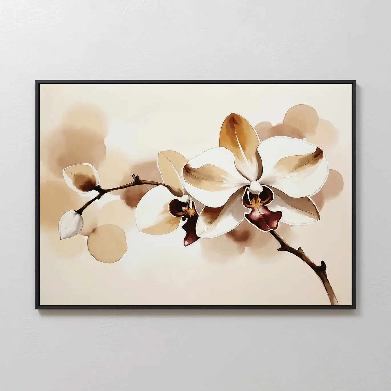 Vanilla Bloom Canvas Art showcases an elegant white orchid in watercolor style, set against soft beige and brown tones—a perfect floral accent for any room.
