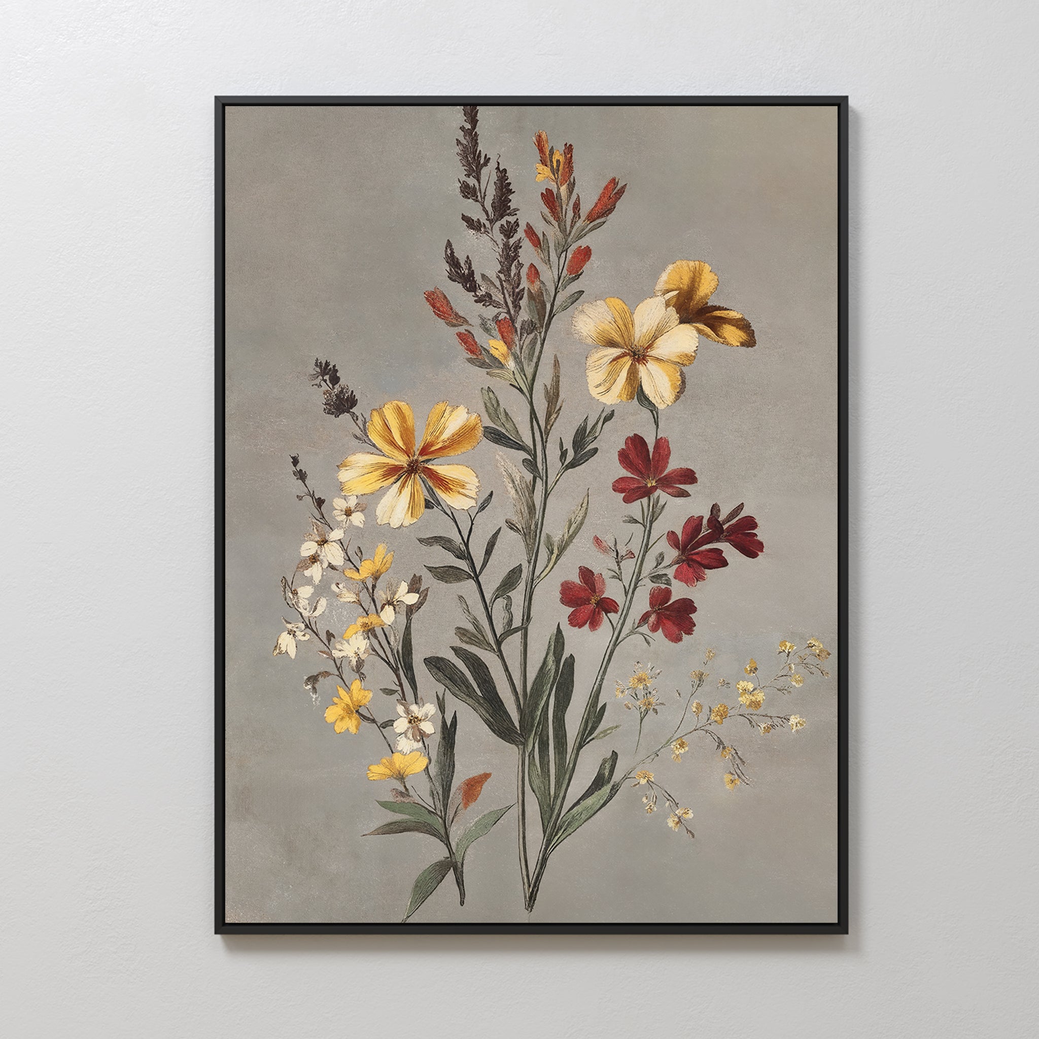Velvet Petals Canvas Art: A framed canvas featuring botanical illustrations of yellow, red, and white wildflowers with green leaves on a muted gray background—ideal for vintage-inspired decor.