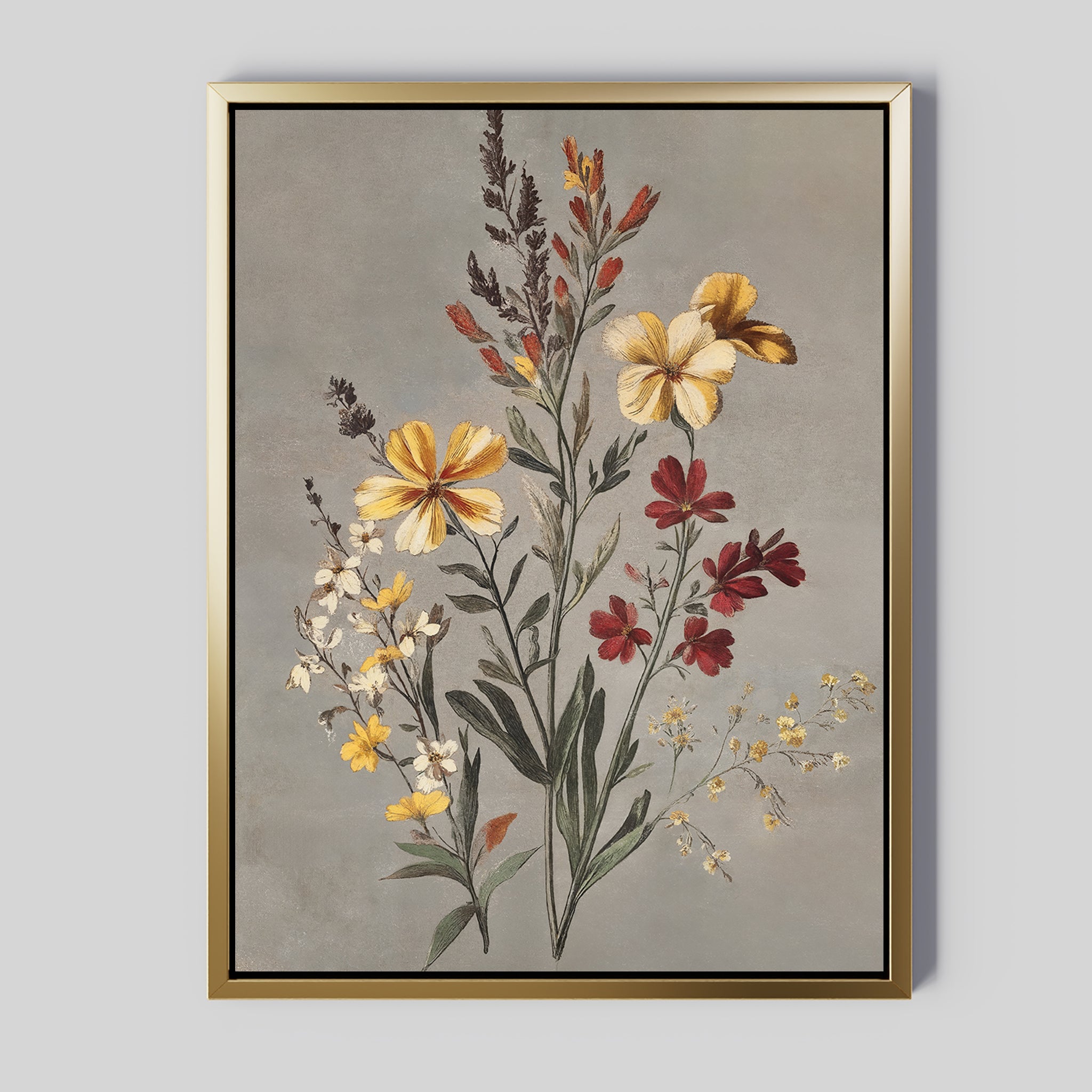 Velvet Petals Canvas Art features a bouquet of yellow, red, and white wildflowers with green stems and velvet petals on a muted gray background. Finished with a gold frame for an elegant, vintage-inspired decor touch.