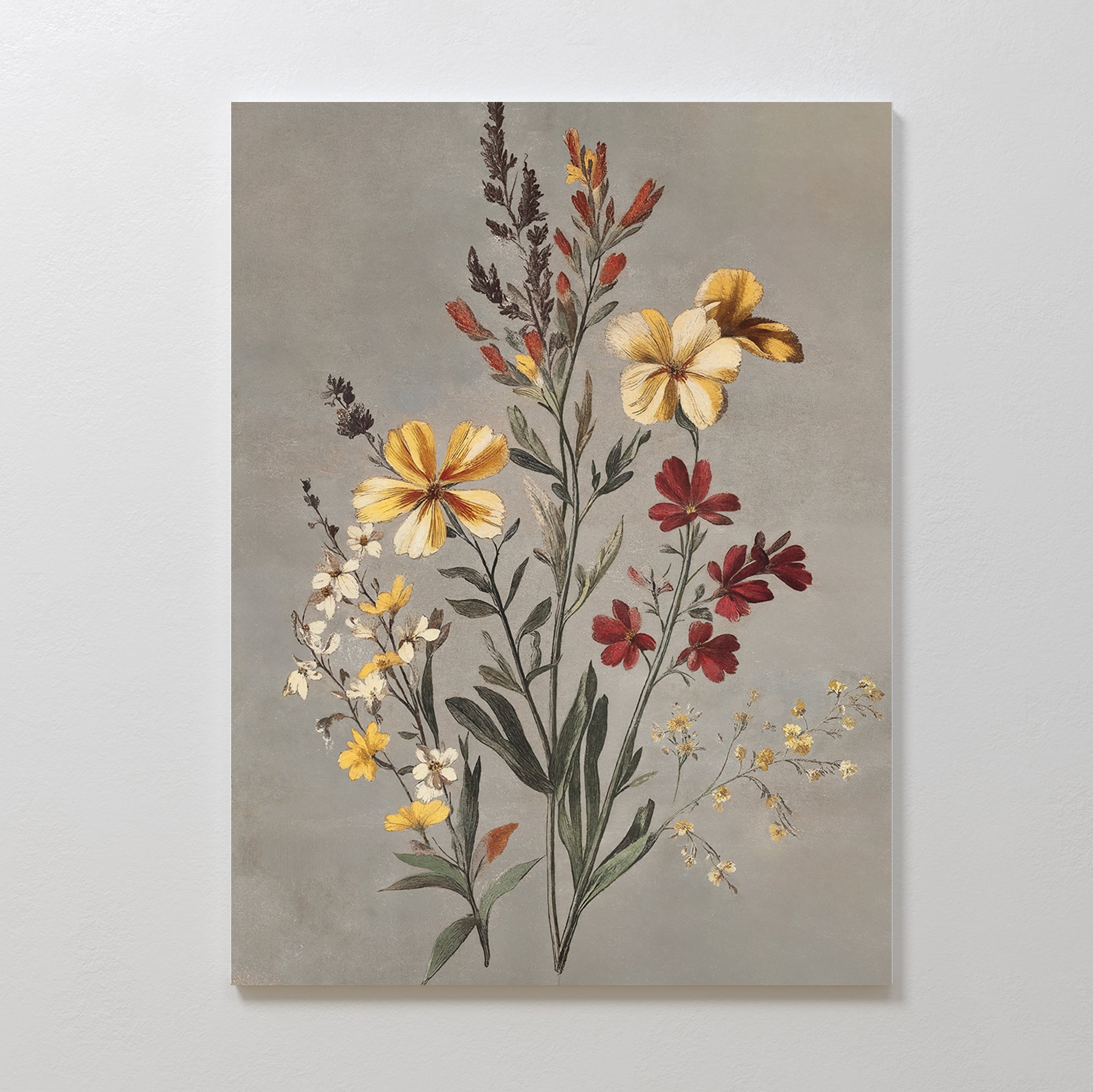 Velvet Petals Canvas Art showcases yellow, red, and white wildflowers with velvet-like petals and green stems on a muted gray background—an ideal choice for vintage-inspired decor.