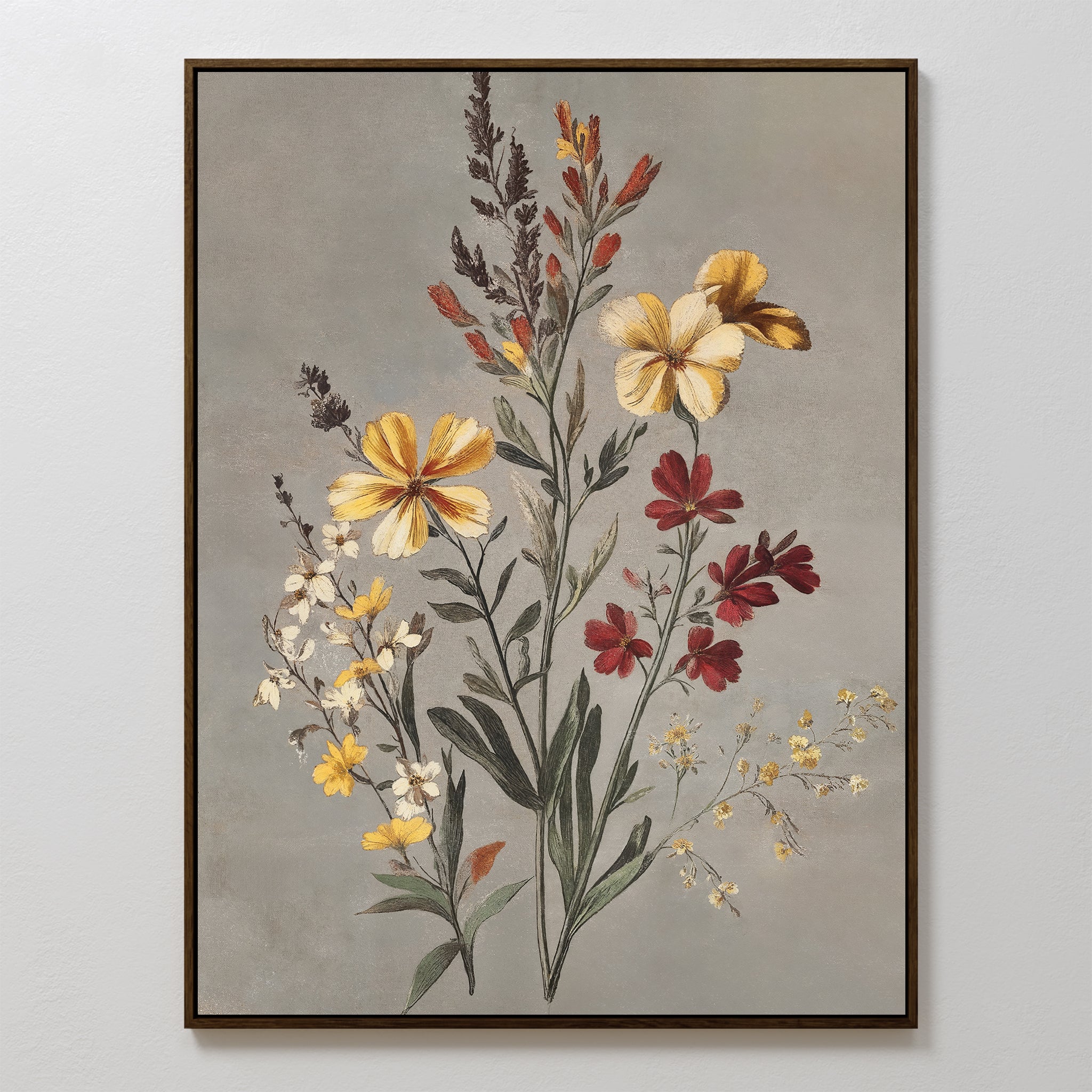 Velvet Petals Canvas Art: a framed botanical piece showcasing yellow, red, and white flowers with green stems on a neutral gray background—ideal for vintage-inspired decor.