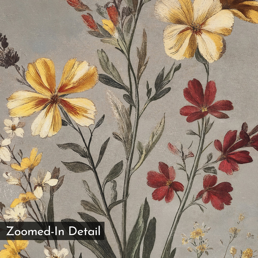 A close-up of Velvet Petals Canvas Art displays yellow, red, and cream flowers with green stems and leaves on a gray background. Ideal as vintage flower decor for a bedroom or living room. Label “Zoomed-In Detail” appears in the lower left.