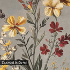 A close-up of Velvet Petals Canvas Art displays yellow, red, and cream flowers with green stems and leaves on a gray background. Ideal as vintage flower decor for a bedroom or living room. Label “Zoomed-In Detail” appears in the lower left.
