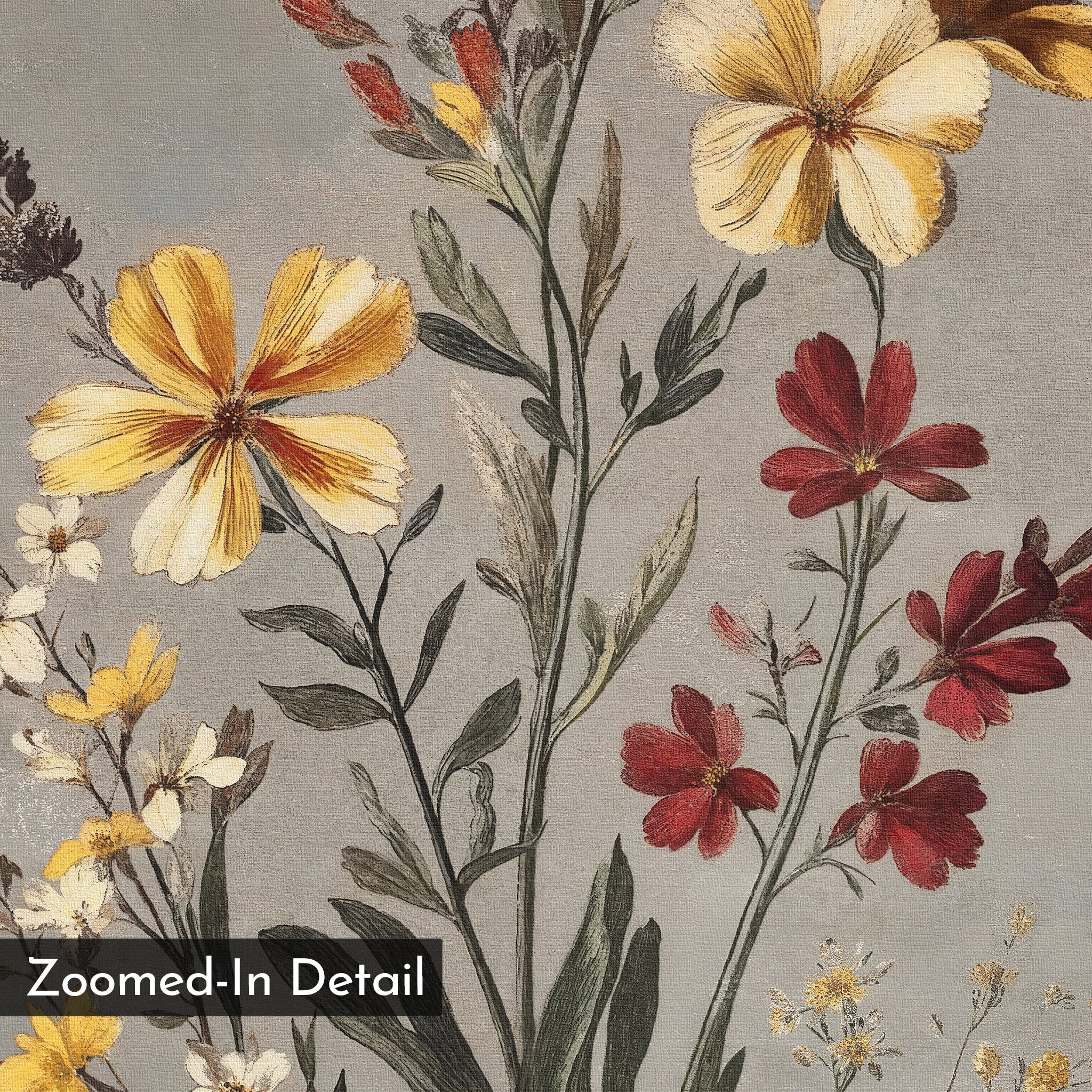 A close-up of Velvet Petals Canvas Art displays yellow, red, and cream flowers with green stems and leaves on a gray background. Ideal as vintage flower decor for a bedroom or living room. Label “Zoomed-In Detail” appears in the lower left.