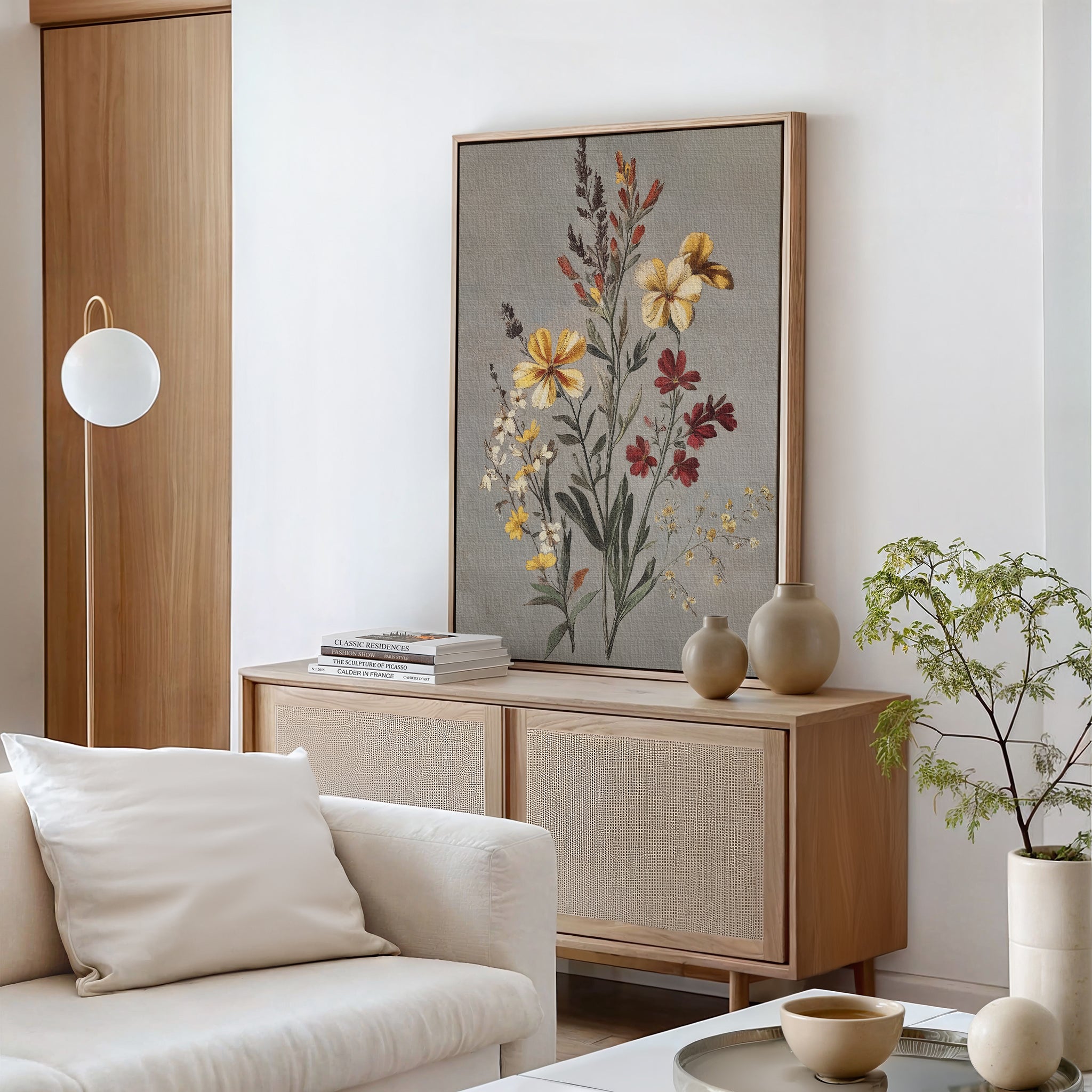 A modern living room featuring a light wooden sideboard, beige vases, vintage-inspired decor, stacked books, a white sofa with cushions, a round lamp, a small potted plant on a white table, and the Velvet Petals Canvas Art.