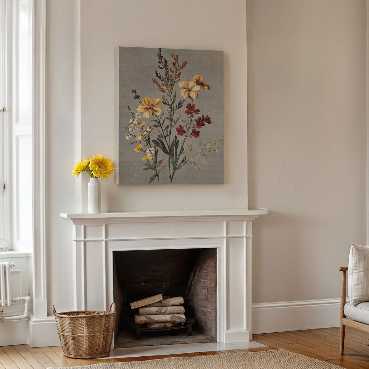 A bright, neutral living room with a white fireplace and logs, Velvet Petals Canvas Art above the mantel, sunflowers in a vase, and a wicker basket on the floor.