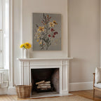 A bright, neutral living room with a white fireplace and logs, Velvet Petals Canvas Art above the mantel, sunflowers in a vase, and a wicker basket on the floor.