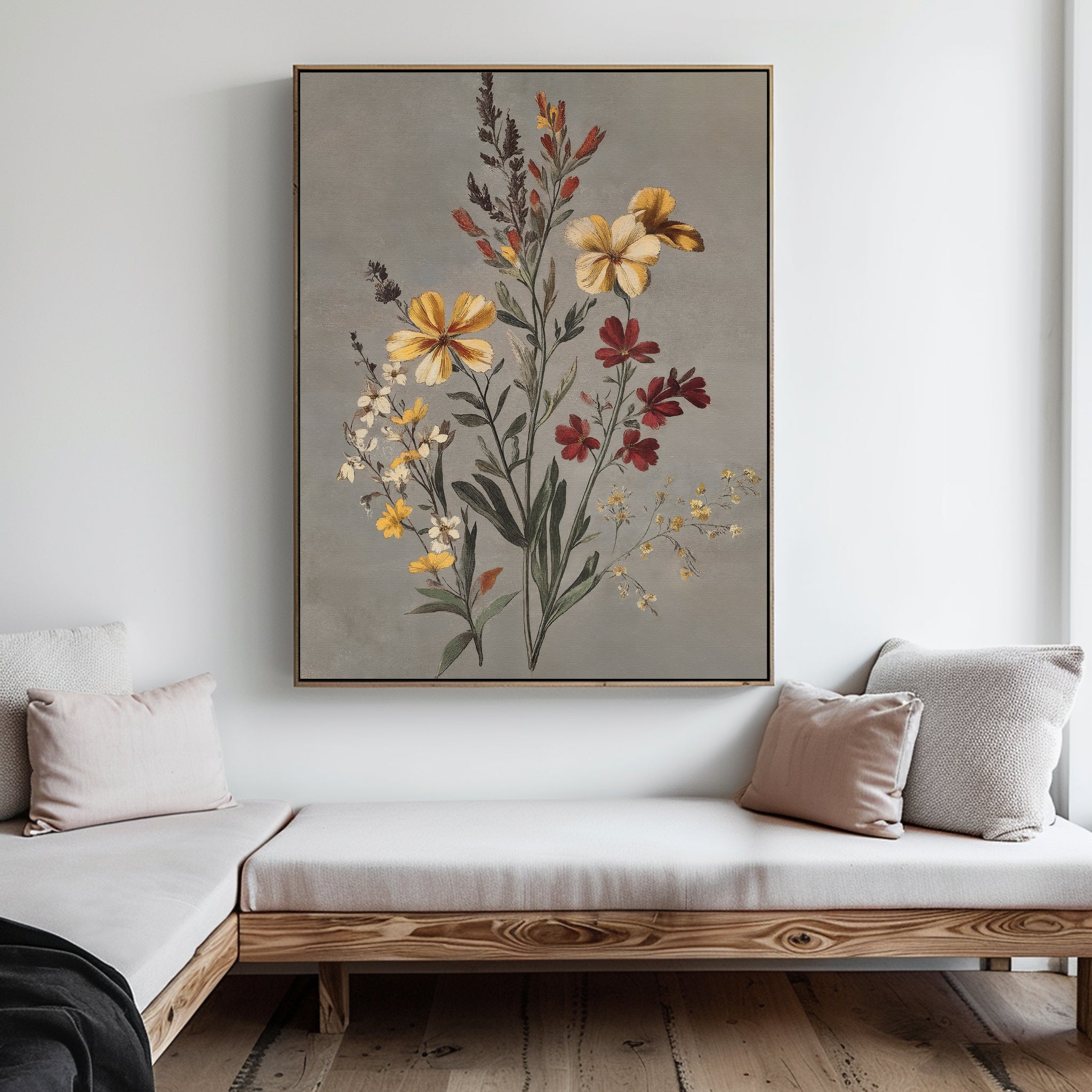 A minimalist living room with two wooden-framed sofas, light cushions, and the Velvet Petals Canvas Art—a botanical print of colorful petals in a gold frame—adds vintage-inspired decor to the white wall.