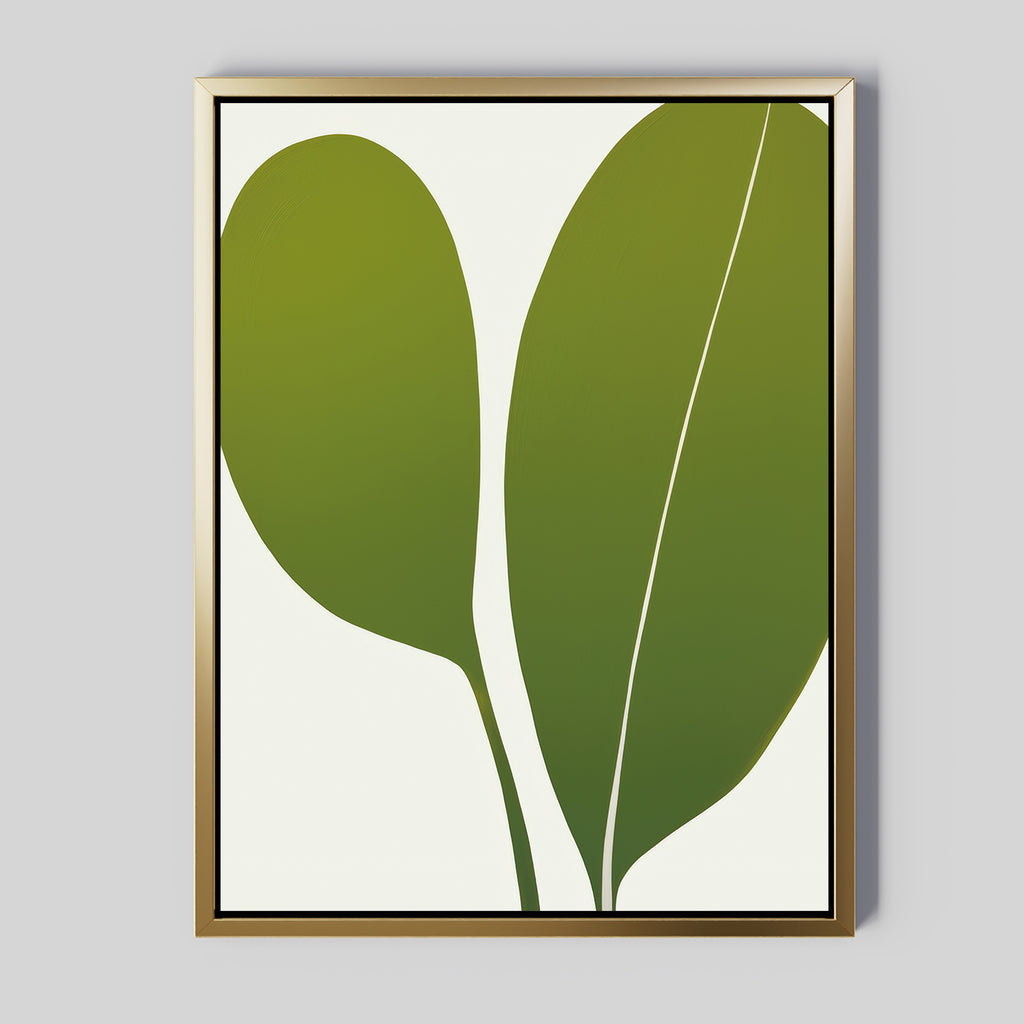 The Verdant Duo Abstract Canvas Art features two large green leaves with clean lines on a white background, framed in a thin gold frame—perfect minimalist decor for your living room.