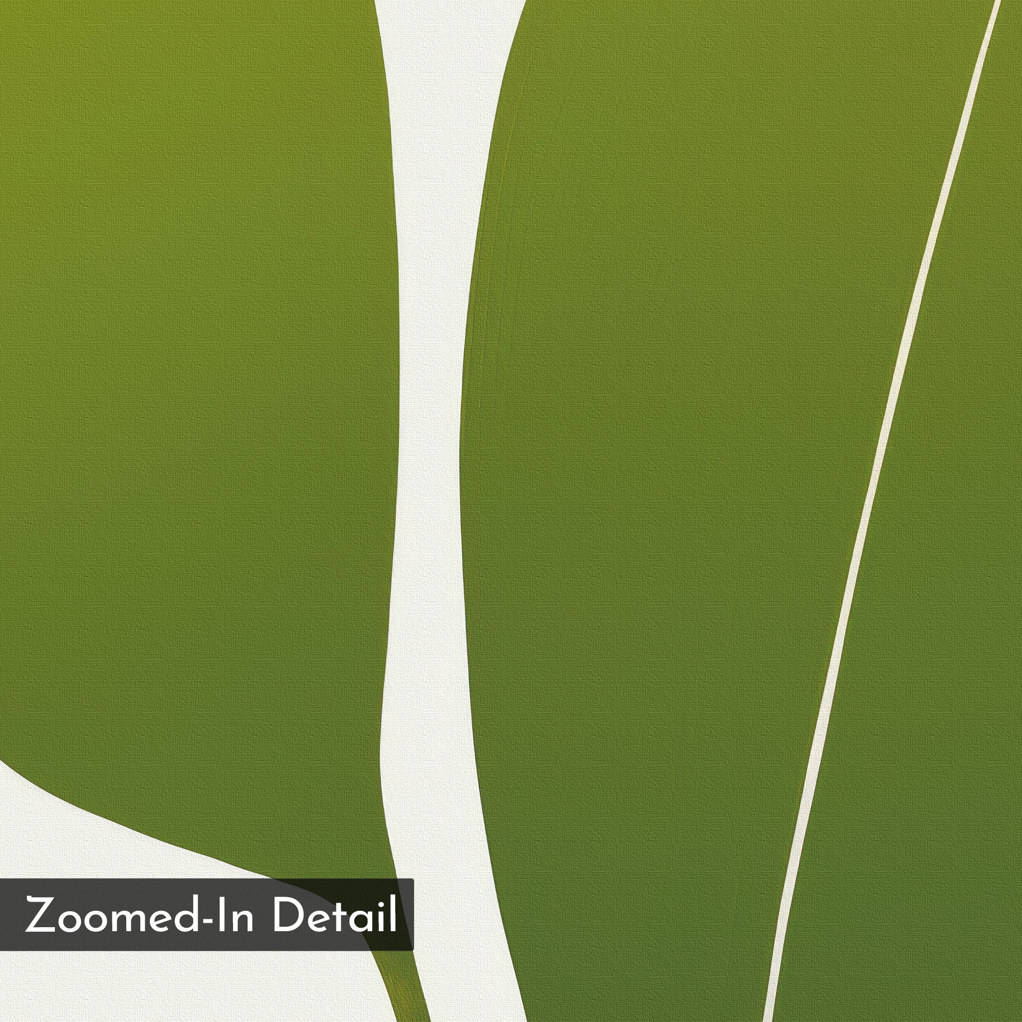 Verdant Duo Abstract Canvas Art showcases green abstract shapes and white lines reminiscent of plant leaves, with "Zoomed-In Detail" in the bottom left corner—ideal minimalist wall art for modern living room décor.