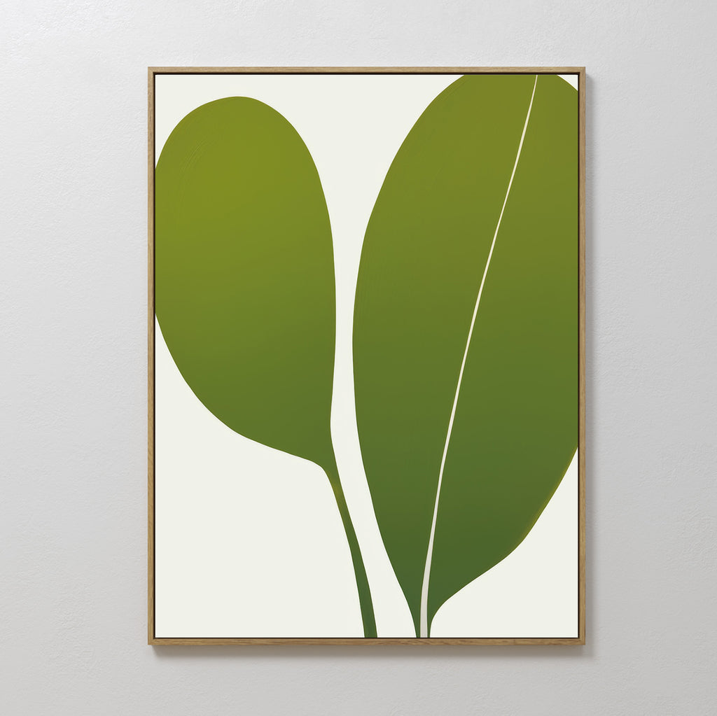 Verdant Duo Abstract Canvas Art showcases two overlapping green leaves with detailed veins on a white backdrop, ideal for bringing a modern, minimalist style to your living room décor.